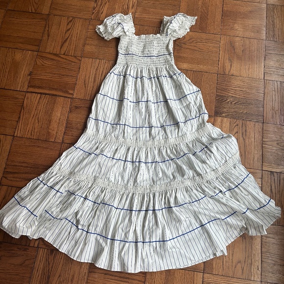 Tory Burch white and blue check tiered smocked midi length dress size medium - Picture 2 of 5